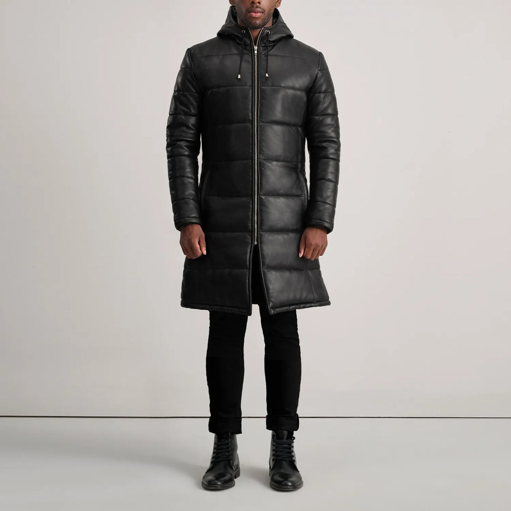 Floyd Black Hooded Leather Puffer Coat