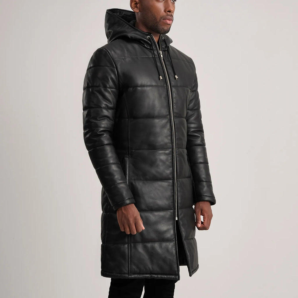 Floyd Black Hooded Leather Puffer Coat