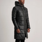 Floyd Black Hooded Leather Puffer Coat
