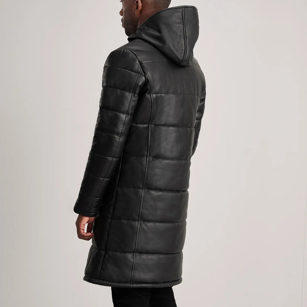 Floyd Black Hooded Leather Puffer Coat