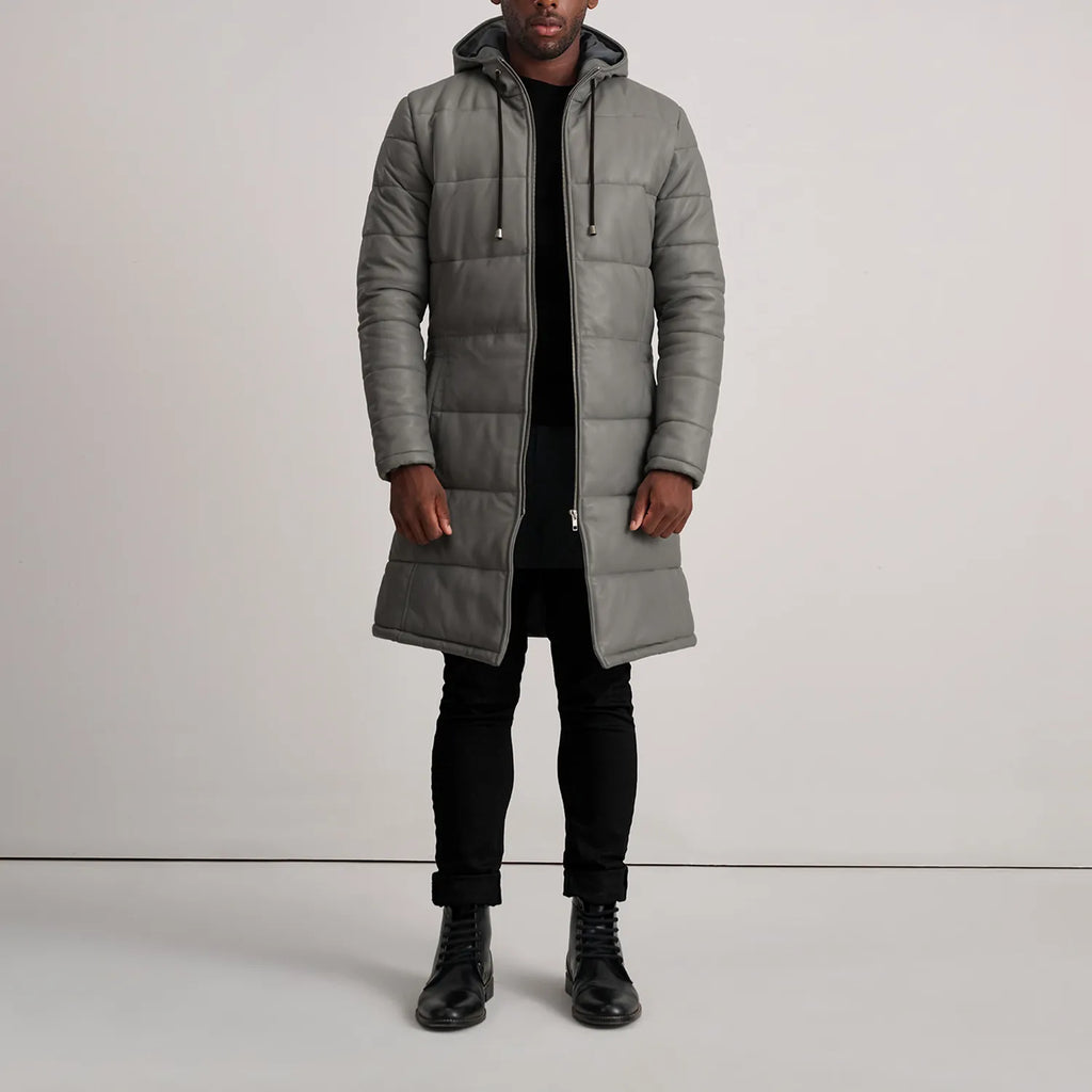 Floyd Grey Hooded Leather Puffer Coat