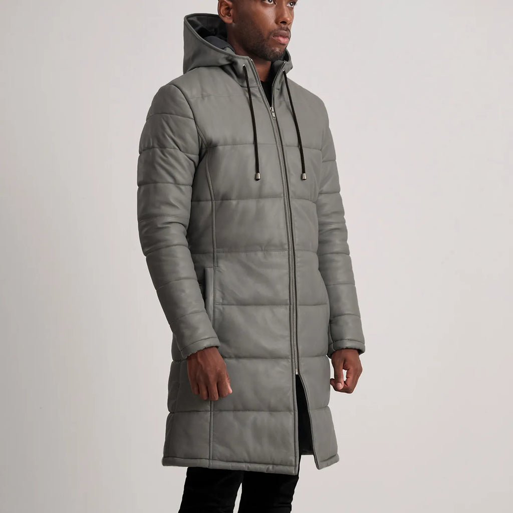 Floyd Grey Hooded Leather Puffer Coat