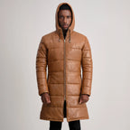 Floyd Tan Hooded Leather Puffer Coat
