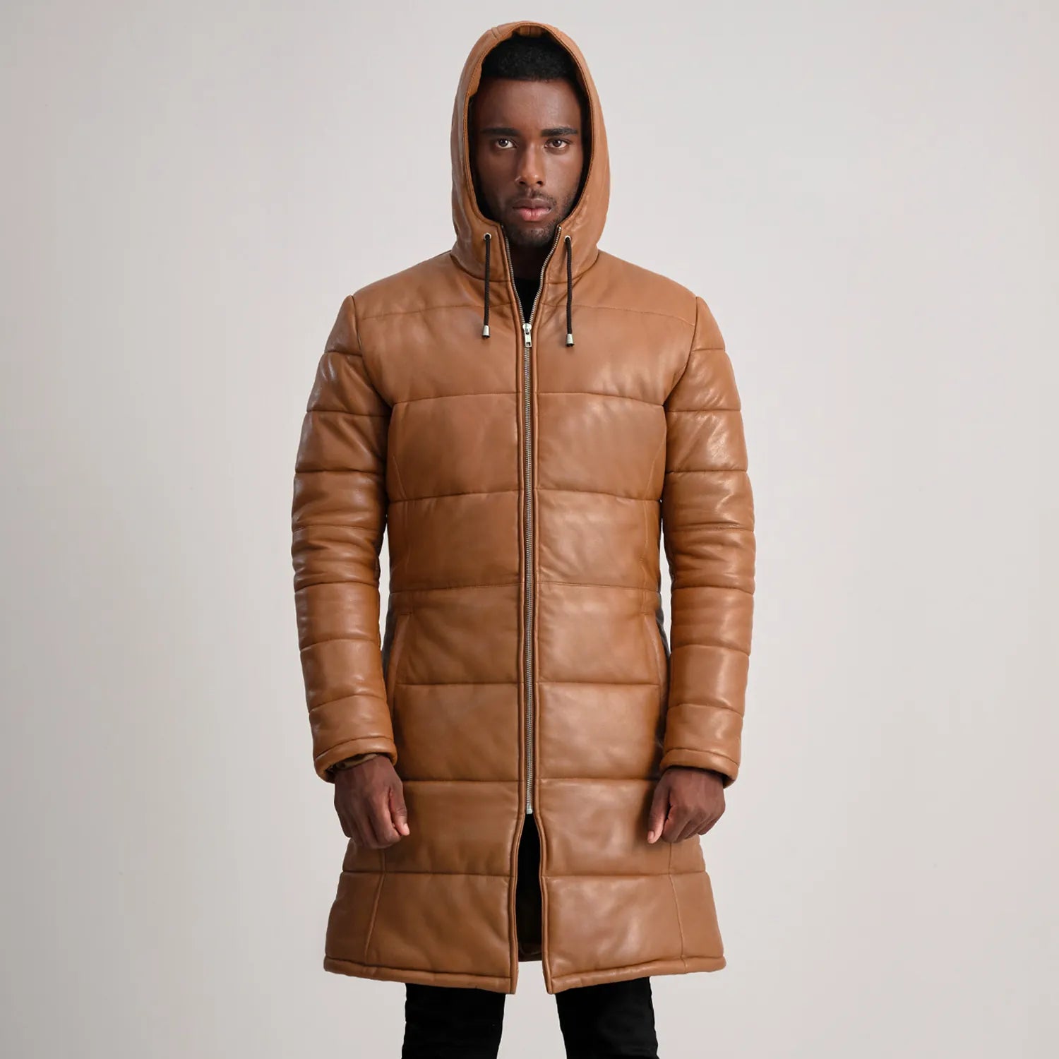 Floyd Tan Hooded Leather Puffer Coat
