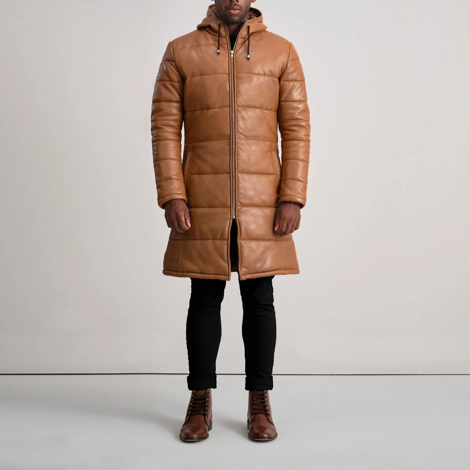 Floyd Tan Hooded Leather Puffer Coat