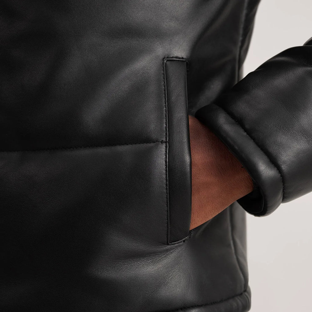 Gordon Black Hooded Leather Puffer Jacket
