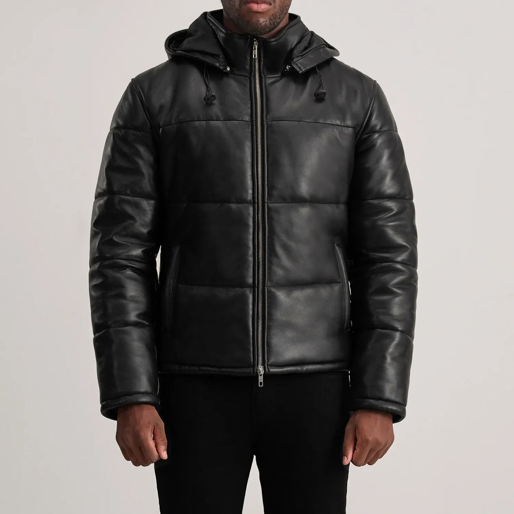 Gordon Black Hooded Leather Puffer Jacket