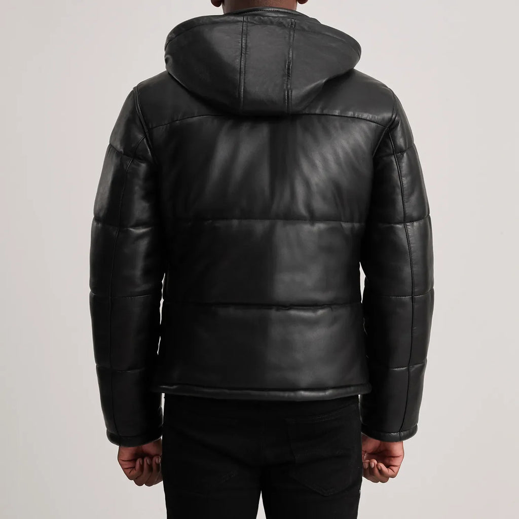 Gordon Black Hooded Leather Puffer Jacket