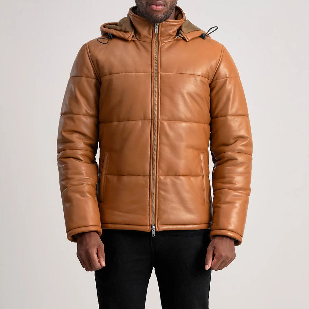Gordon Tan Hooded Leather Puffer Jacket