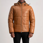 Gordon Tan Hooded Leather Puffer Jacket