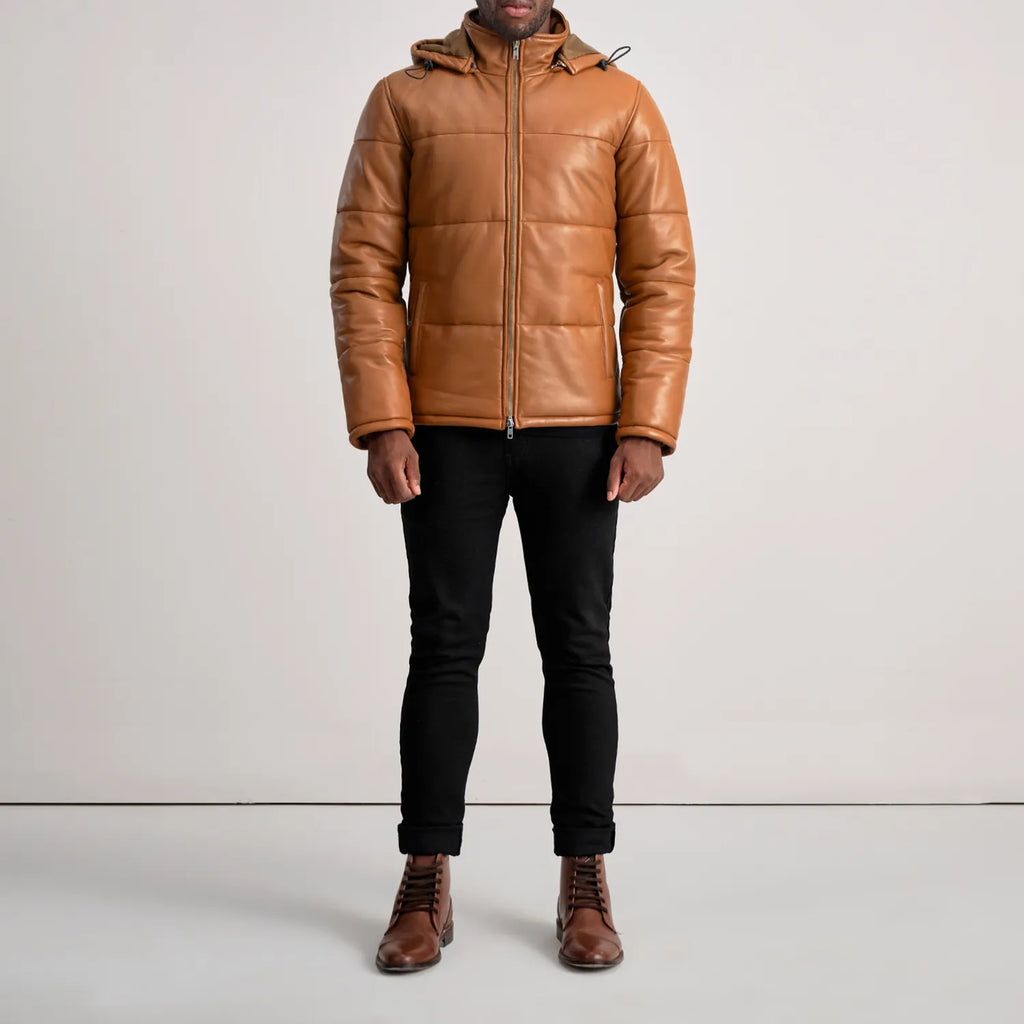 Gordon Tan Hooded Leather Puffer Jacket