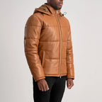 Gordon Tan Hooded Leather Puffer Jacket