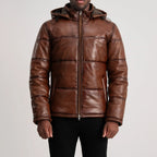 Gordon Waxed Brown Hooded Leather Puffer Jacket