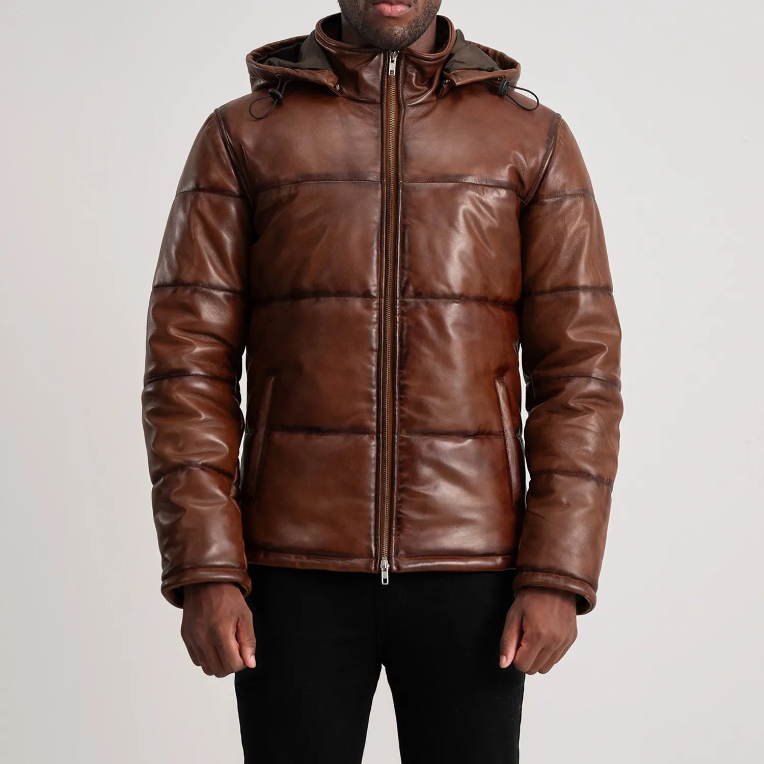 Gordon Waxed Brown Hooded Leather Puffer Jacket