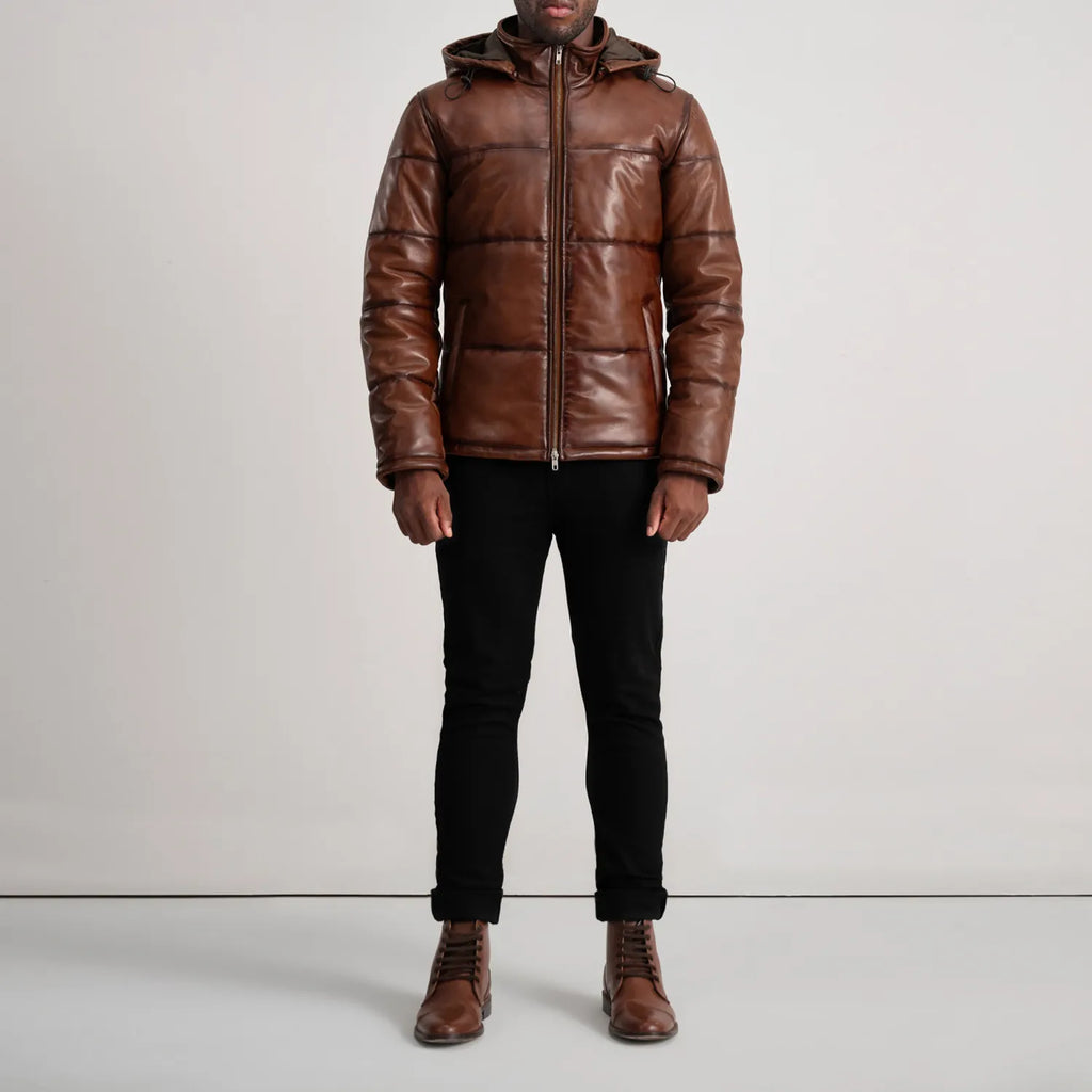 Gordon Waxed Brown Hooded Leather Puffer Jacket