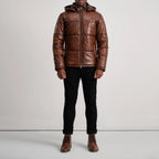 Gordon Waxed Brown Hooded Leather Puffer Jacket