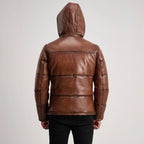 Gordon Waxed Brown Hooded Leather Puffer Jacket