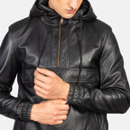 Kenton Hooded Black Leather Pullover Jacket