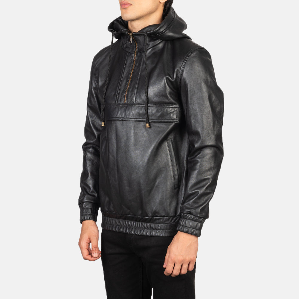 Kenton Hooded Black Leather Pullover Jacket