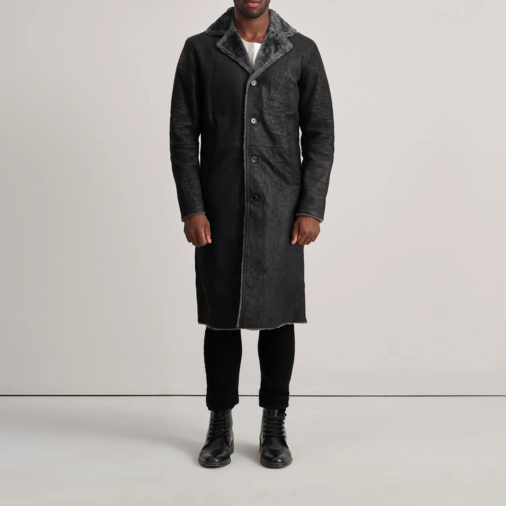 Kolby Distressed Black Leather Shearling Coat