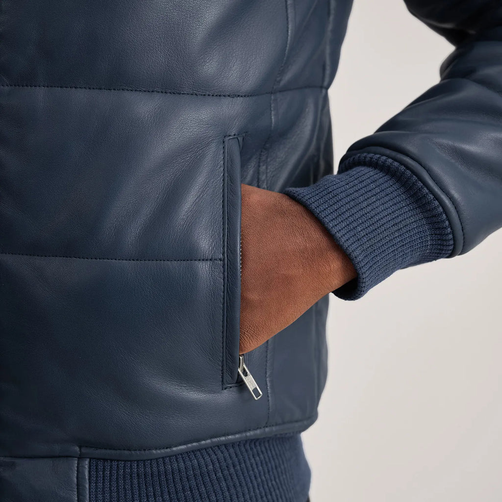 Lucas Blue Leather Puffer Bomber Jacket