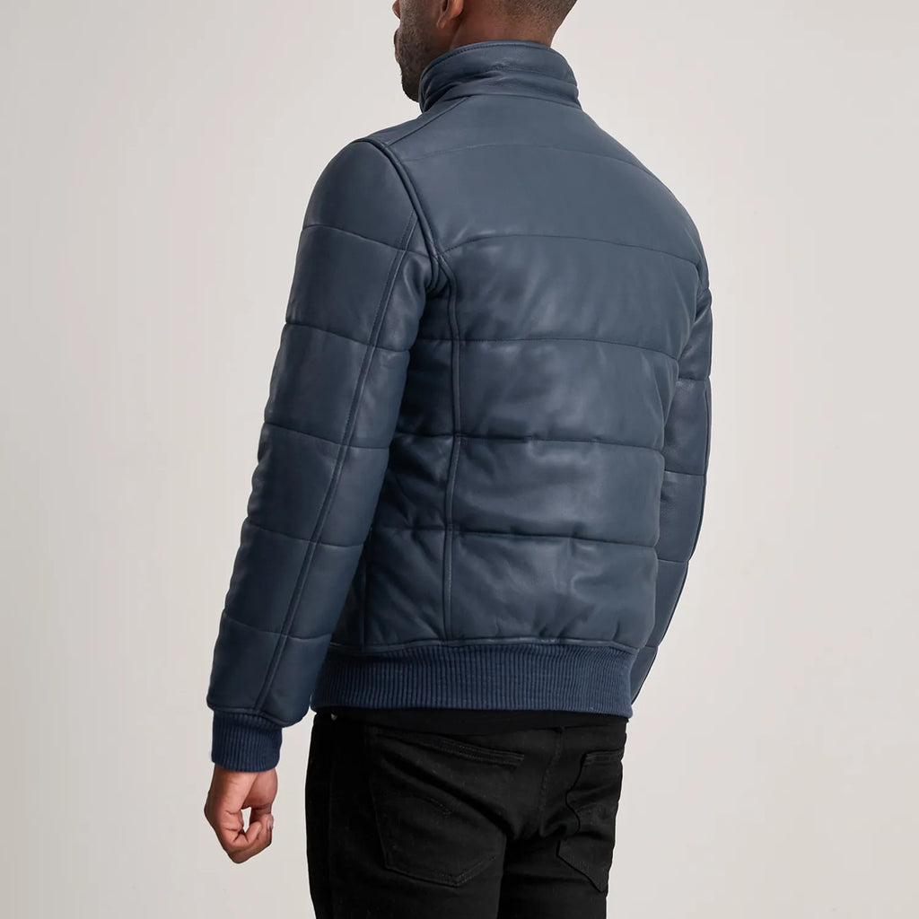 Lucas Blue Leather Puffer Bomber Jacket