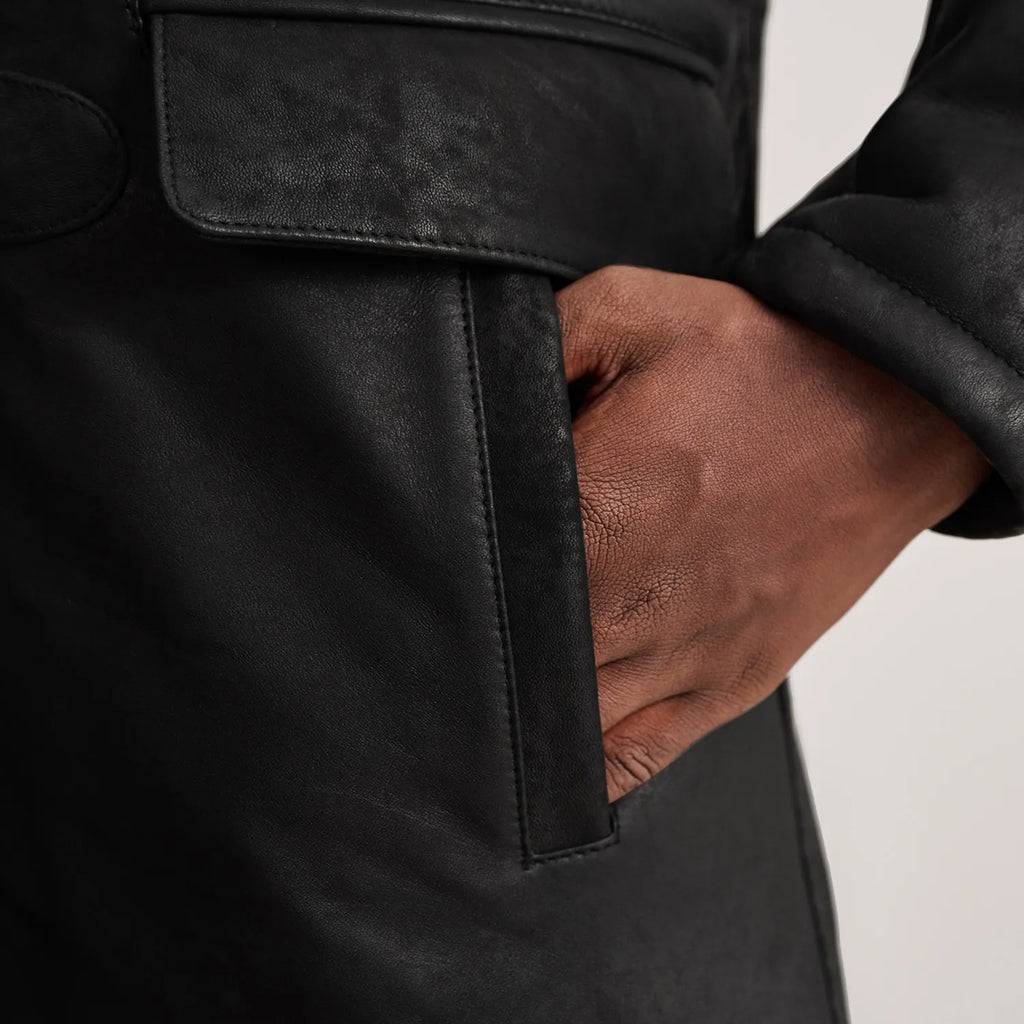 Nolan Distressed Black Leather Duffle Coat