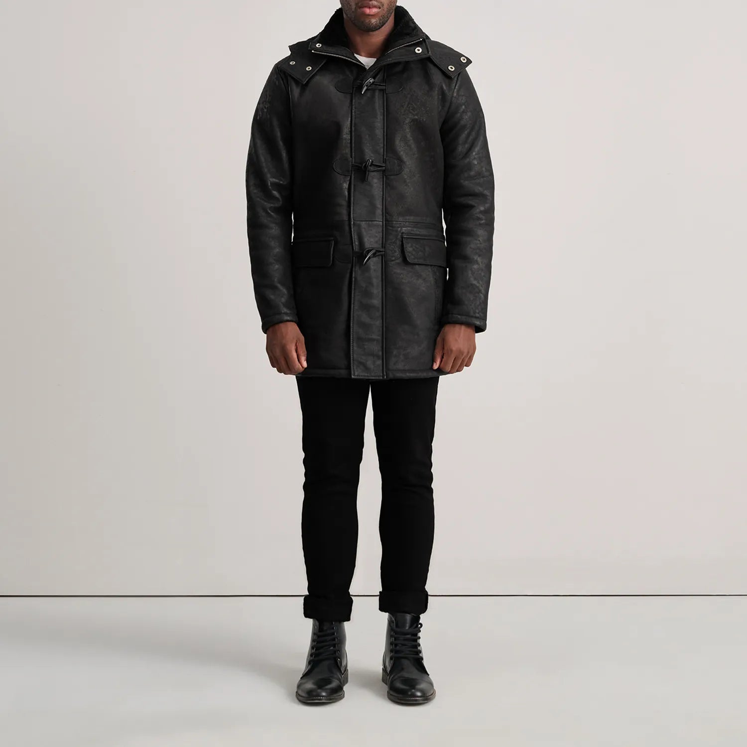 Nolan Distressed Black Leather Duffle Coat