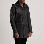 Nolan Distressed Black Leather Duffle Coat