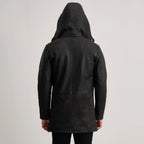 Nolan Distressed Black Leather Duffle Coat