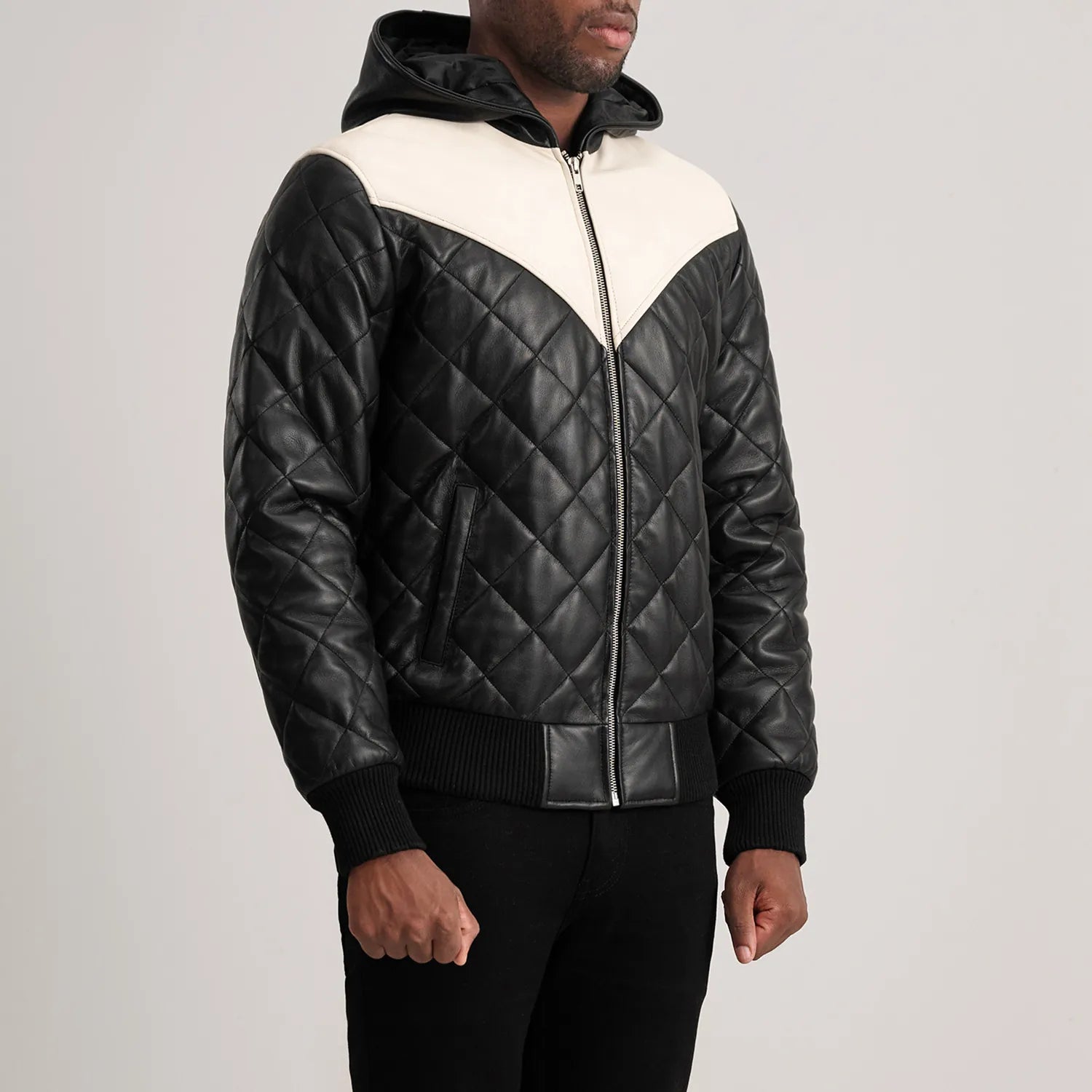 Norman Black Hooded Bomber Leather Puffer Jacket