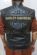 Men's Handmade Distressed HD Motorcycle Leather Vest With Embroidered Patches | Men Harley Davidson Triple Vent Passing Link Leather Vest