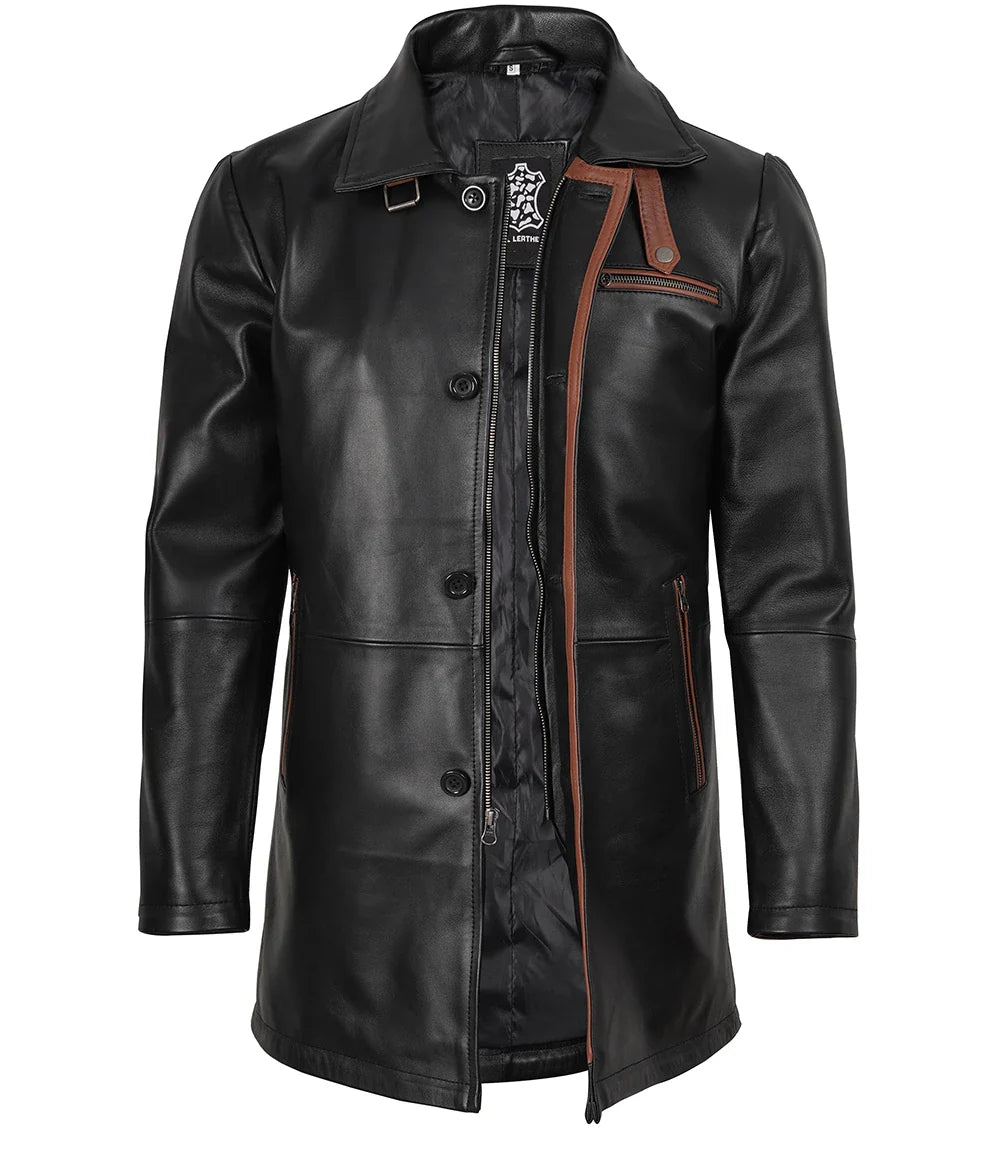 Glen Mens Black Real Leather Car Coat