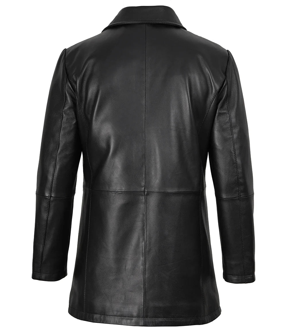 Glen Mens Black Real Leather Car Coat