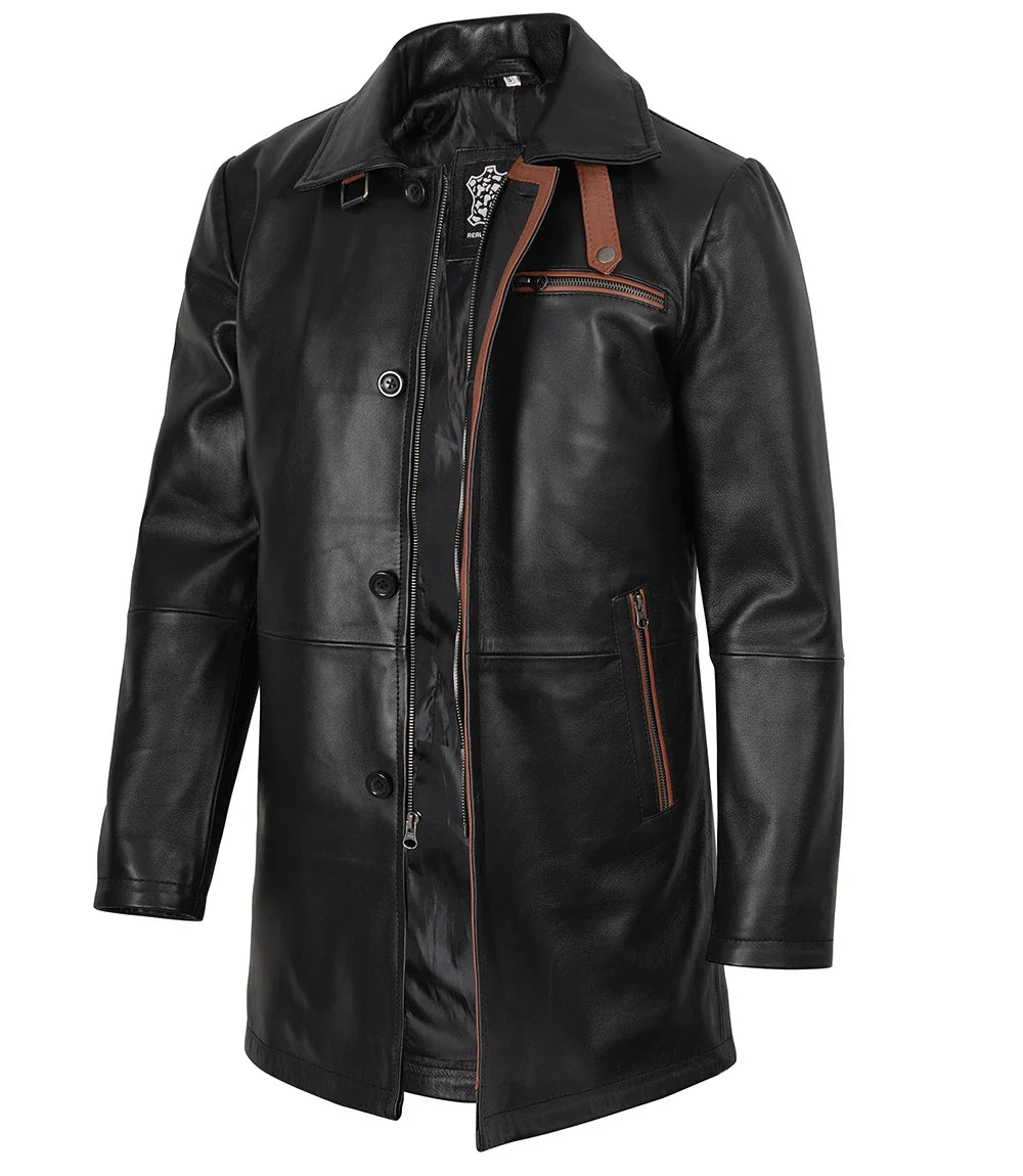 Glen Mens Black Real Leather Car Coat