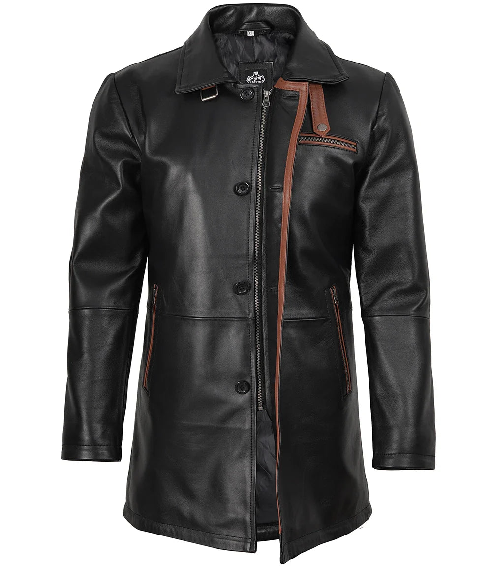 Glen Mens Black Real Leather Car Coat