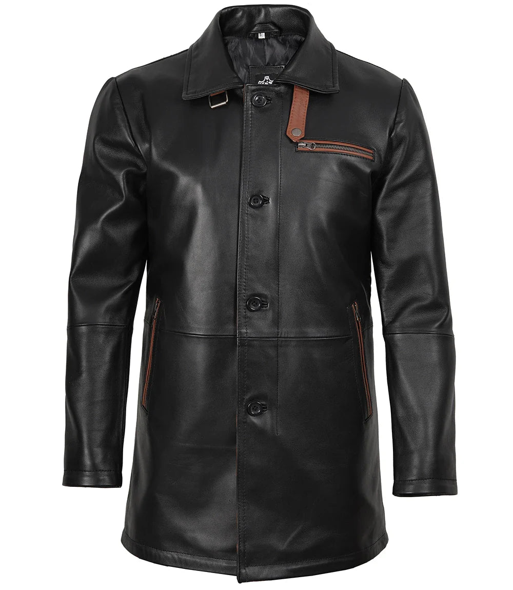 Glen Mens Black Real Leather Car Coat