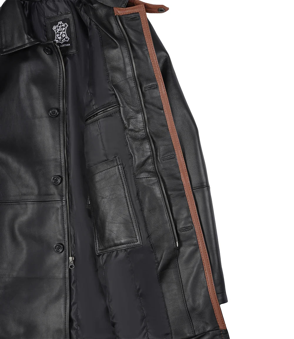 Glen Mens Black Real Leather Car Coat