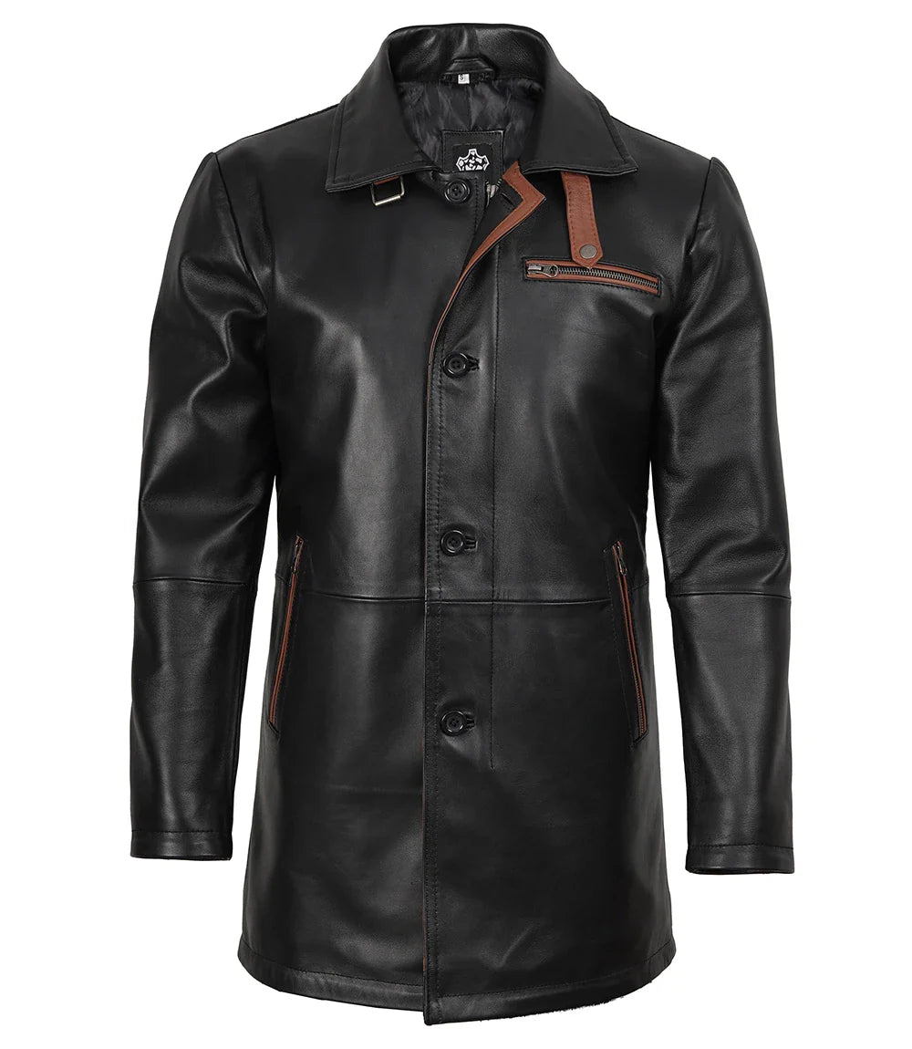 Glen Mens Black Real Leather Car Coat