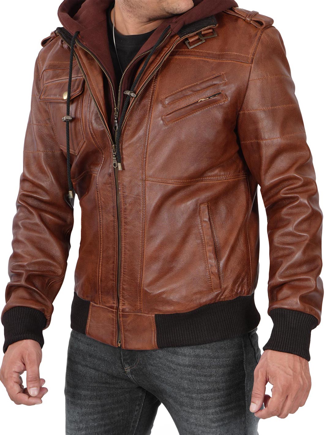 Men's Brown Tall Leather Bomber Jacket With Removable Hood