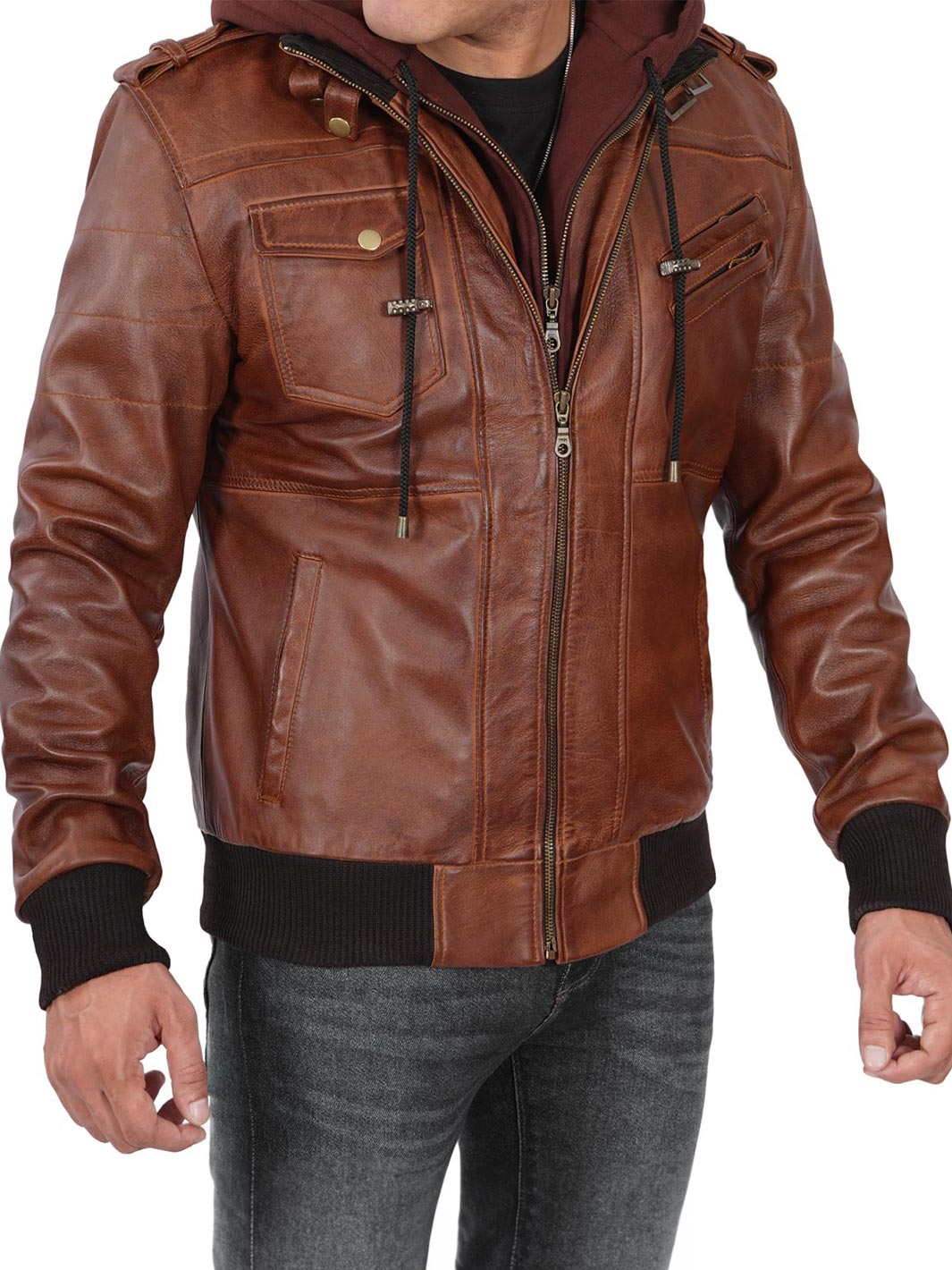 Men's Brown Tall Leather Bomber Jacket With Removable Hood