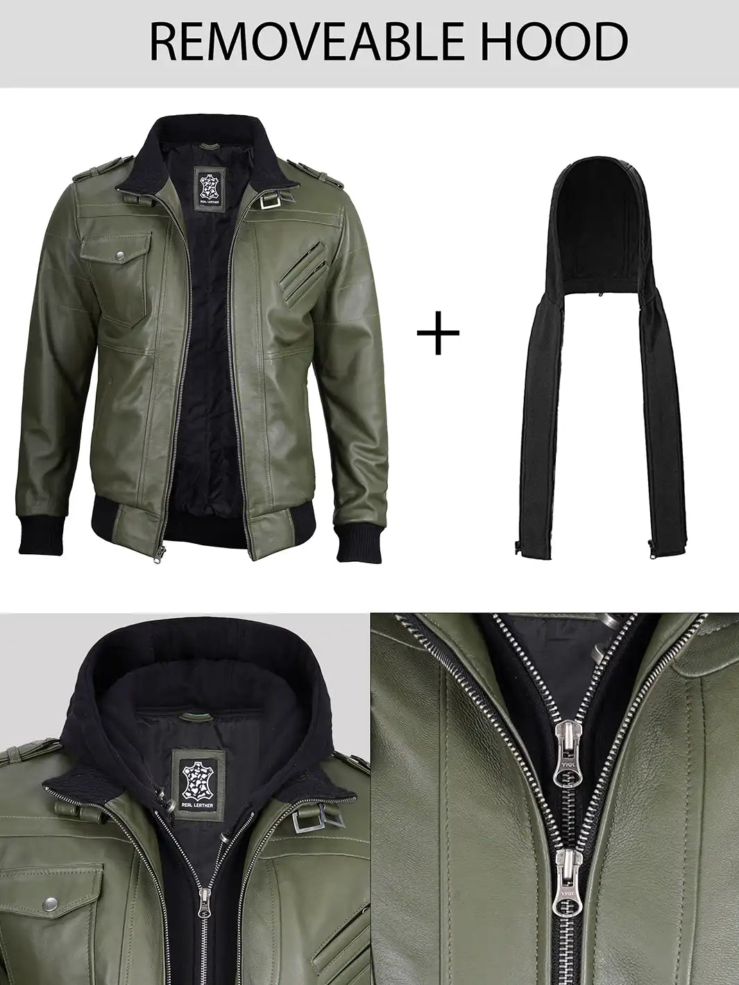 Men's Military Green Leather Jacket with Removable Hood