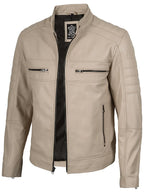 Mens Beige Cafe Racer Style Leather Jacket