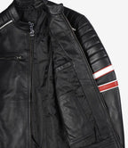 Men’s Black Cafe Racer Leather Jacket with Dual Stripes
