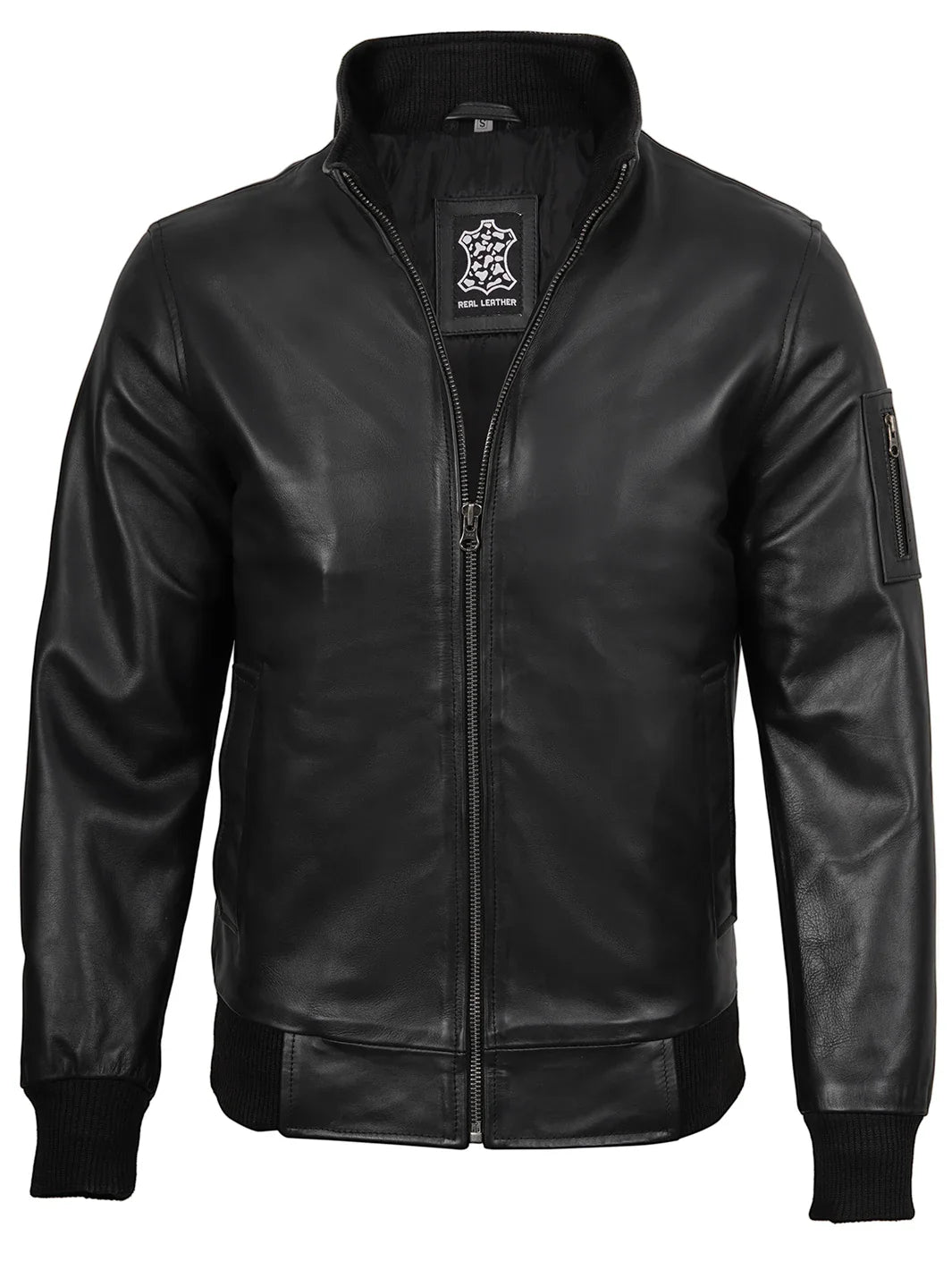 Mens Black Real Cowhide Leather Bomber Jacket