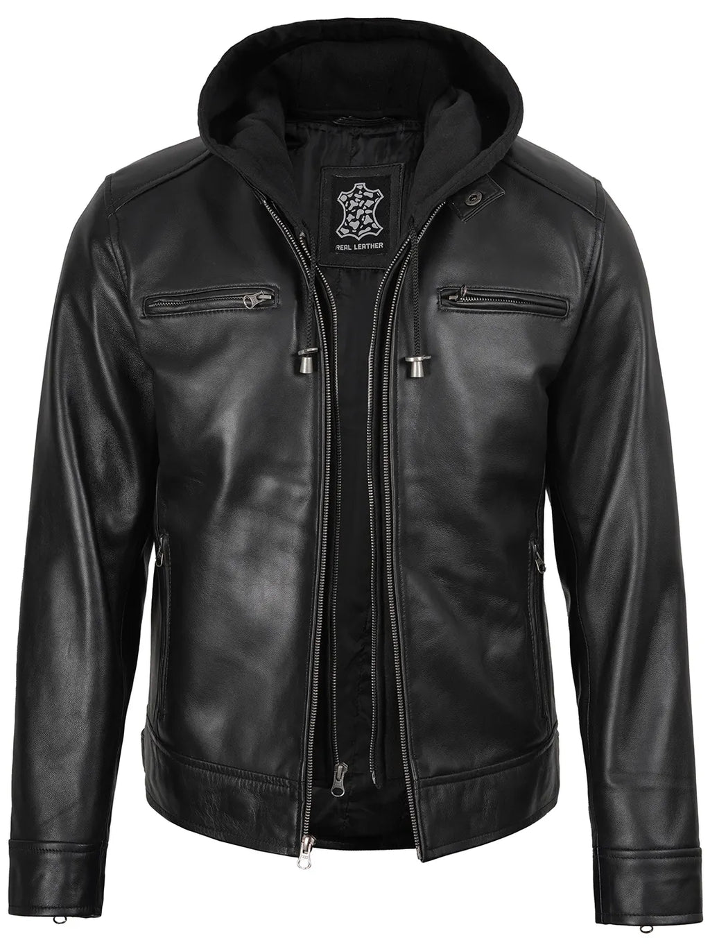 Men's Black Biker Style Leather Jacket with Removable Hood