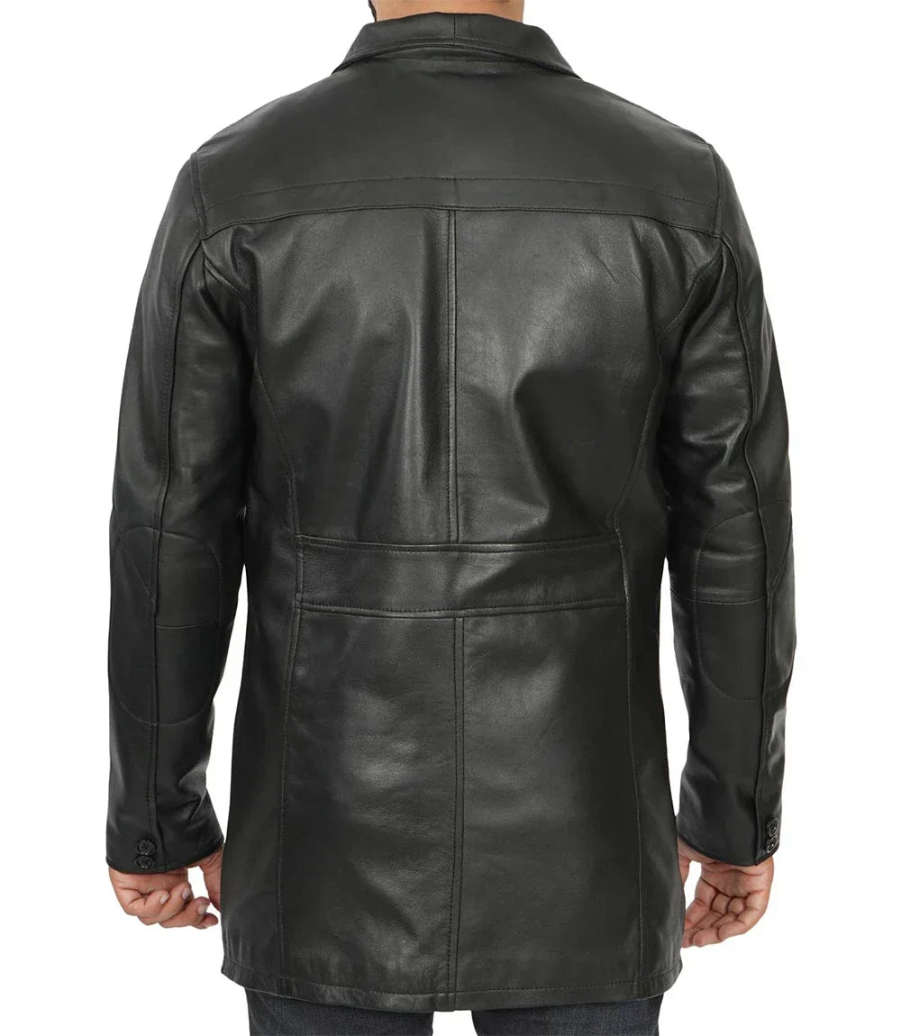 Tall Men's Black Real Leather Car Coat