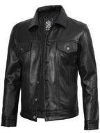 Fernando Mens Black Leather Trucker Jacket