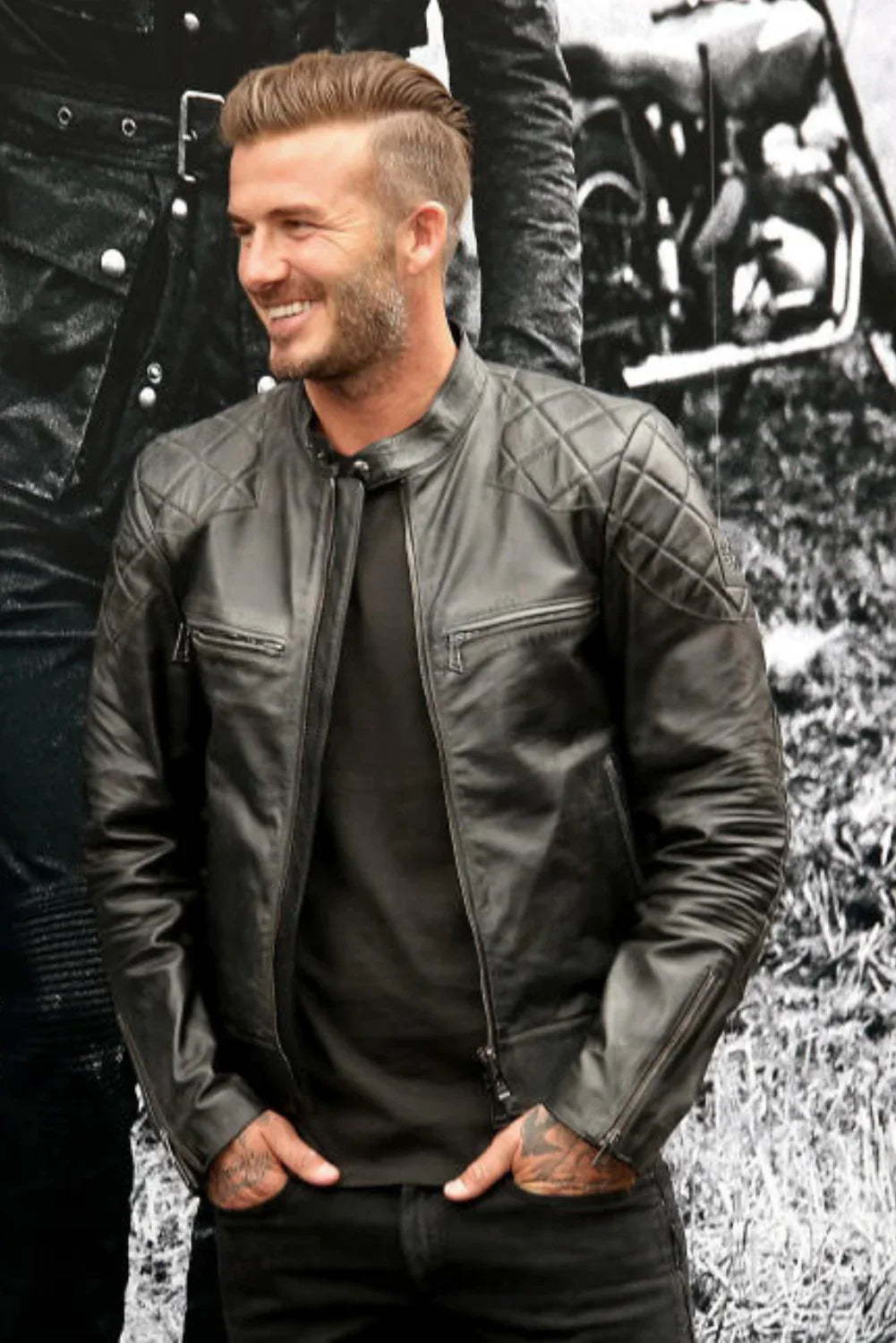 Mens Black Quilted David Beckham's Leather Biker Jacket