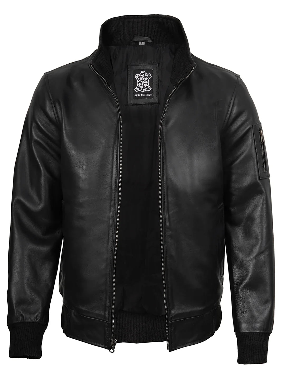 Mens Black Real Cowhide Leather Bomber Jacket